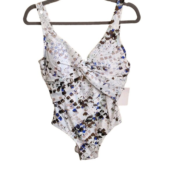 DKNY SPLASH Twist-Front Cutout One-Piece Swimsuit Size 10  Mermaid Scales White - Picture 2 of 8